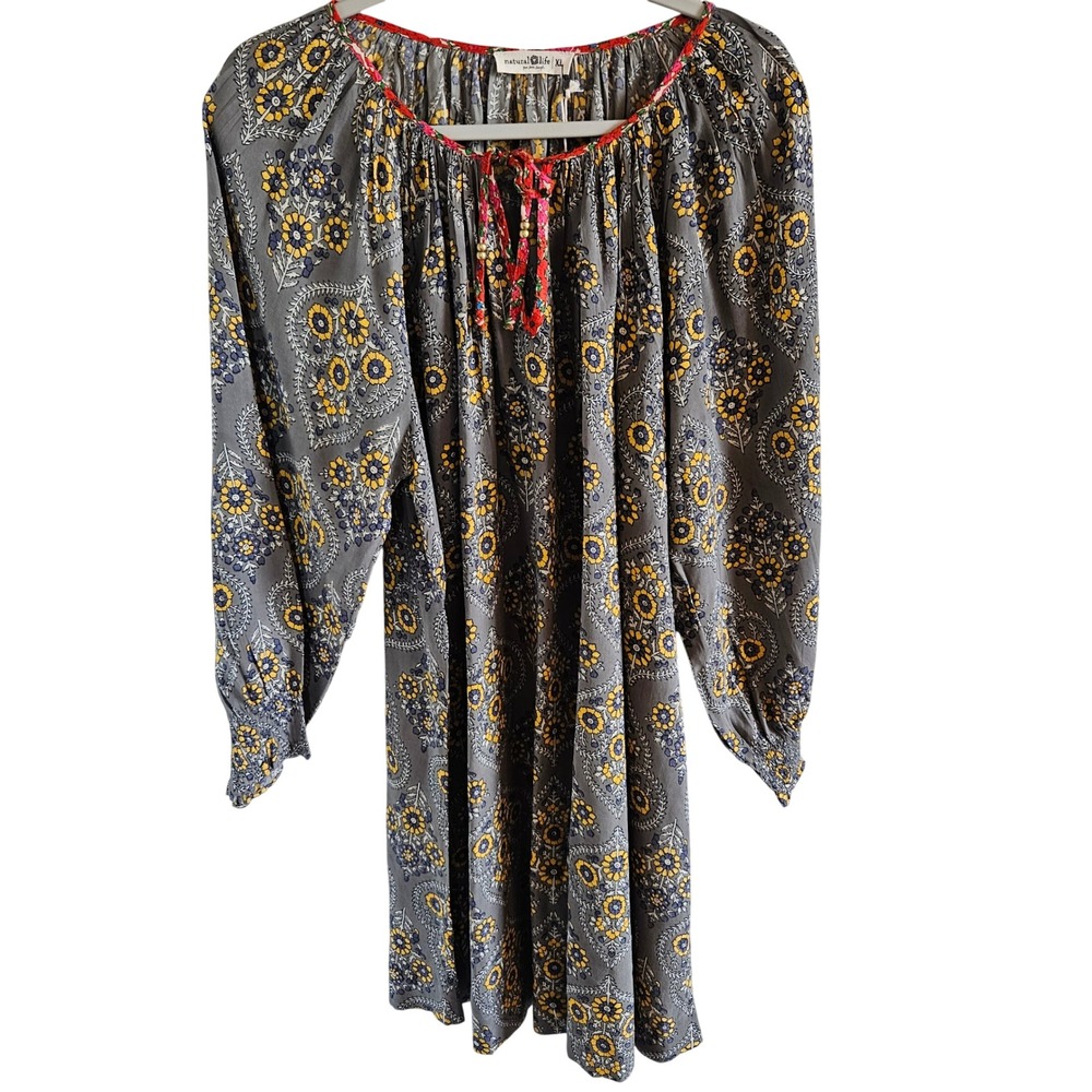 Natural Life Floral Paisley Boho Mini Dress XL Grey Yellow Rayon LHDRS003027